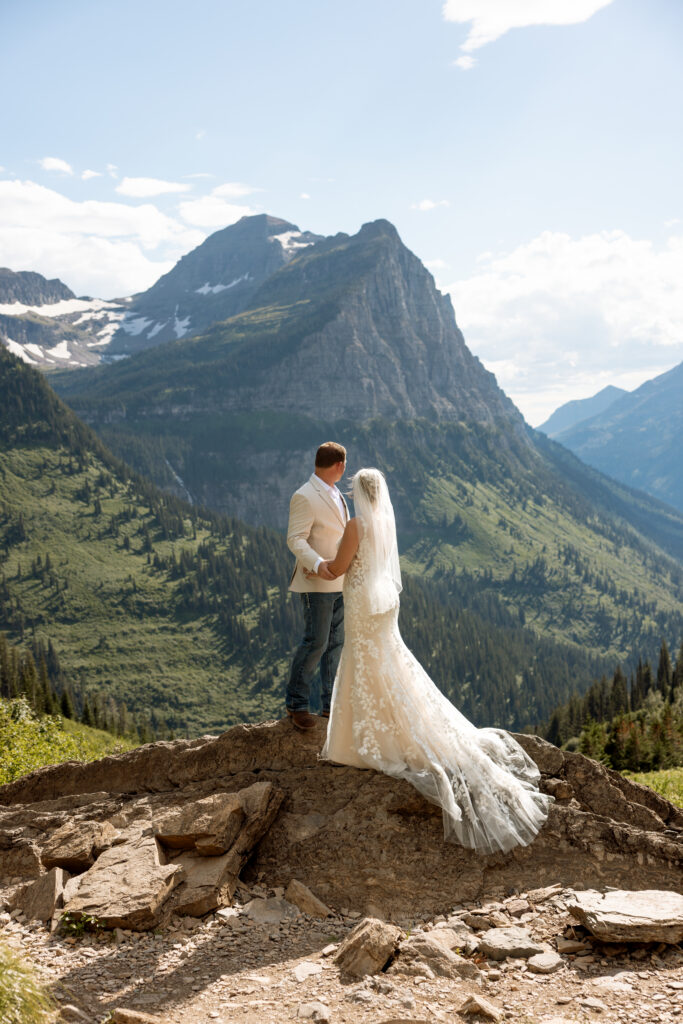 romantic glacier park elopement photo with scenic mountain views