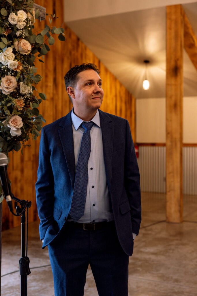 Emotional groom tearing up watching bride walk down the aisle at Diamond B Weddings — Kalispell Montana wedding photographer — Stacy Edwards Photography