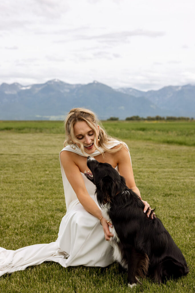 Bride in white gown sitting in field with black and white dog against Mission Mountains backdrop — Micah + Greg — Ember & Altar Wedding — Polson Montana — Stacy Edwards Photography