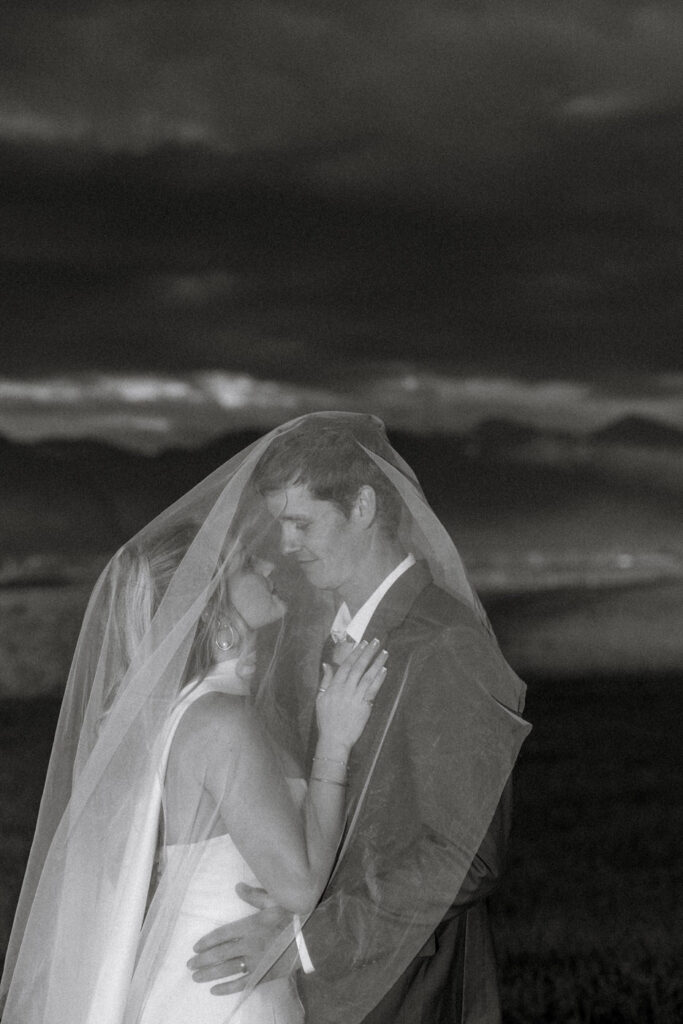 Black and white photo of bride and groom kissing beneath her veil in open field under dramatic stormy Montana sky — Micah + Greg — Ember & Altar Wedding — Polson Montana — Stacy Edwards Photography