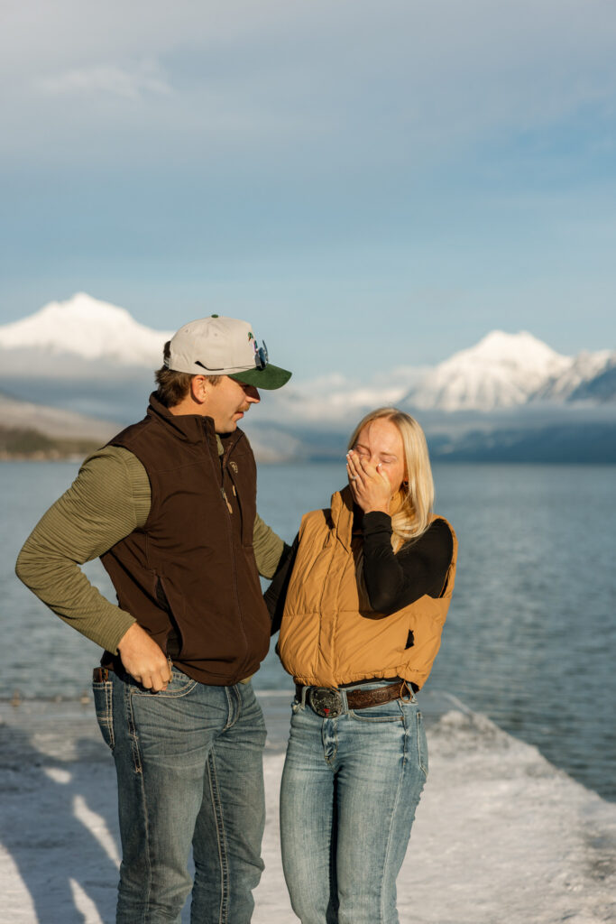 Woman overcome with emotion after her surprise proposal at Lake McDonald in Glacier National Park — Lindsey and Ethan — Glacier National Park Proposal Photographer — Stacy Edwards Photography